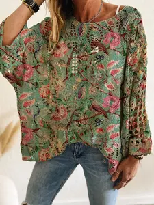 Women's Knitted Long Sleeve Top, Colorblock Floral Print, Loose Fit Batwing Shoulder, Casual Elegant Chic Commuter Wear, Vacation Style, Womenswear, Knitwear, Lady, Knitting