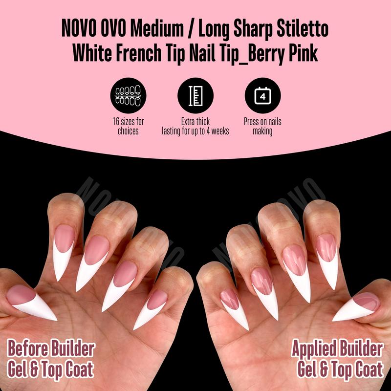 NOVO OVO White French Tip Sharp Stiletto Pointed Medium Long Nail Tips Press on Berry Pink,Soft Gel Fake Acrylic Extension, Full Cover False Nails for Salon DIY x 16 Sizes 160 pcs【NO GLUE ,TOP COATAND LAMP INCLUDED】