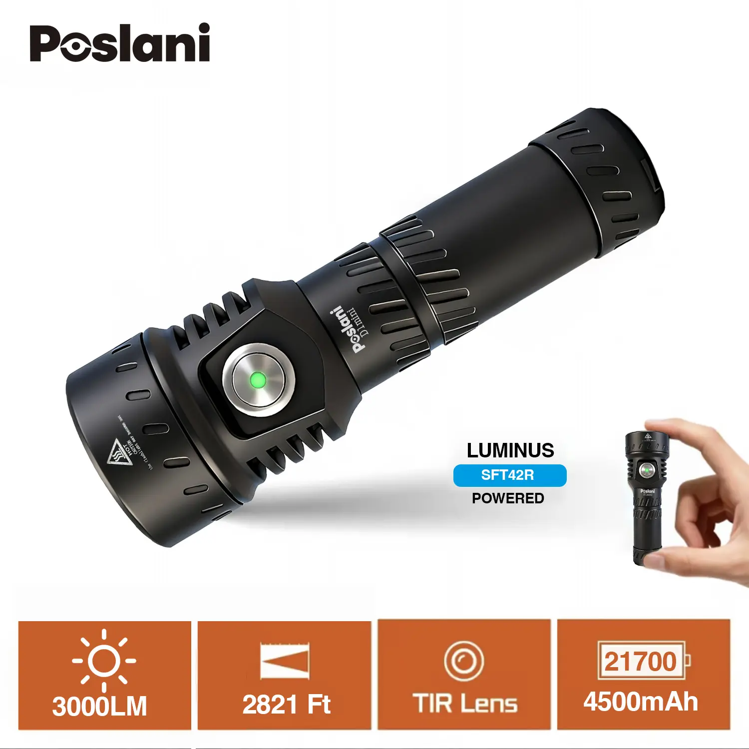 Poslani D1mini Aluminium Handled Flashlights - 3000lm SFT42R LED, 4500mAh Rechargeable EDC, 860m TIR Lens, IP68 Waterproof Magnetic Tail, High-Performance Outdoor Hiking Emergency Light