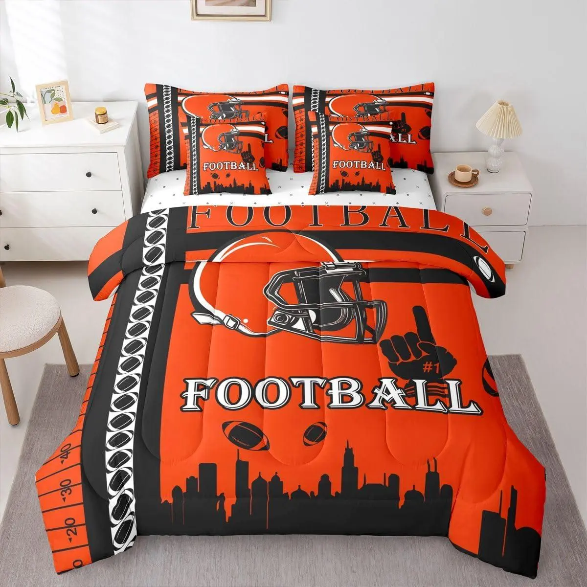 Football 7 Pieces Comforter Sets Rugby Sports Bedding Set for All Season Football City Bed in a Bag with Comforter,Sheets,Pillowcases & Cushion Cover
