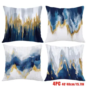 4PCS Blue and White Gilded Throw Pillow Cover, 16 x 16 Inch, Pillow Cover for Cushion Living Room, Bedroom, Couch and Sofa, High Listed Printed (No Pillowcase Insert)