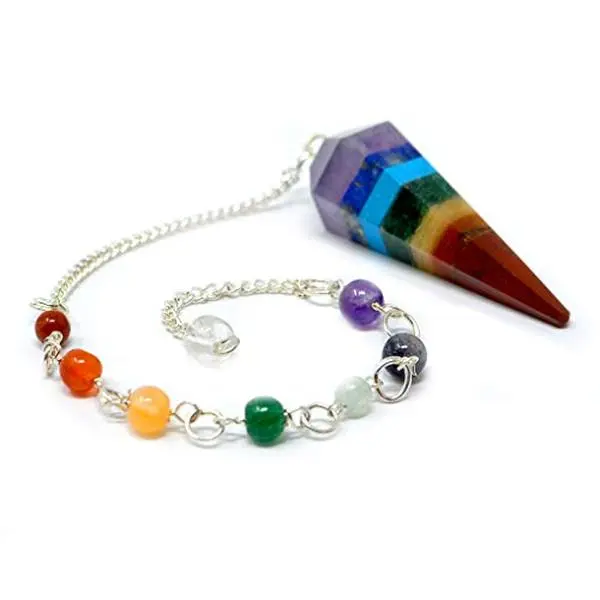 Gemstone and Crystal Dowsing Pendulum with Hexagon 6 Facet Point & 7 Reiki Chakra Chain for Balancing Chakras, Aura Cleansing, Meditation Chi Yoga Mysticism
