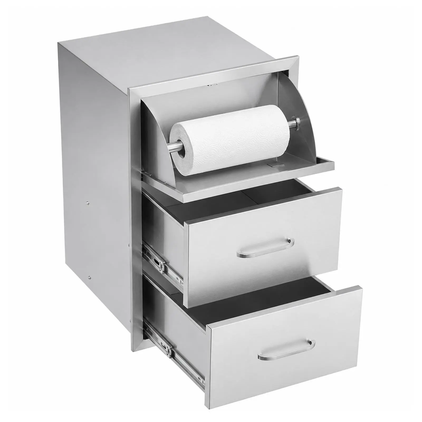 Outdoor Kitchen Drawers, 304 Stainless Steel Triple Drawer BBQ Island Storage with Flush Mount Design & Paper Towel Holder for Grill Station