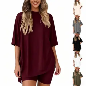 Women's 2-Piece Lounge Set - Oversized Side-Slit T-Shirt & High Waist Biker Shorts Outfit