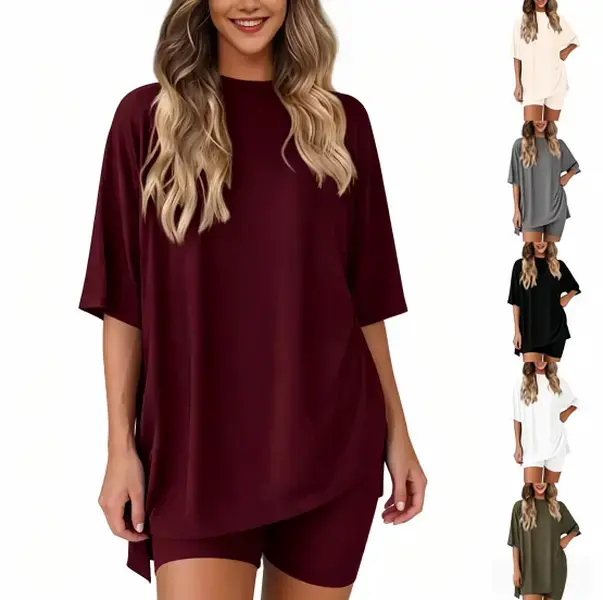 Women's Casual 2-Piece Set, Basic Everyday Loungewear with an Oversized Side-Slit T-Shirt and High Waist Biker Shorts