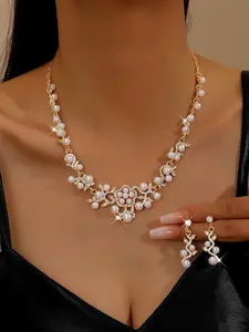 Vintage Palace Style Pearl Collarbone Necklace Set, Elegant Floral Water Drop Earrings, Wedding Banquet Dress Accessories