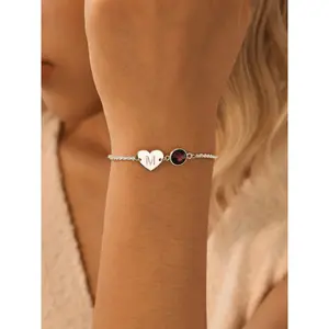 Personalized Heart Charms Bracelet,Initial Heart Birthstone Bracelet, Engraved Heart Bracelet,Letter Bracelet,Couple Bracelet,Christmas Gift