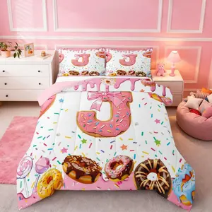 Girls Pink Bow Comforter Set,Personalized Alphabet J Bed Set for Kids Cute Donut Dreamy Sweet Candy Quilt Butterfly Knot Princess Comforter Monogrammed Initial J Bedroom Decor