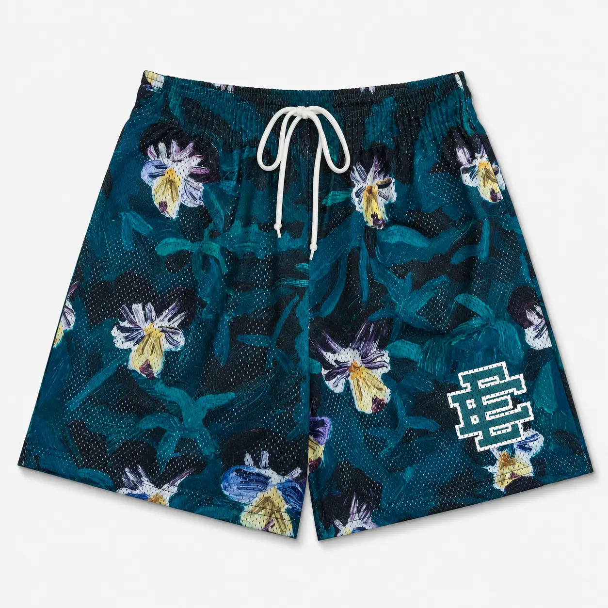 Eric Emanuel Men's Mesh Basketball Shorts, Floral Print Athletic Streetwear Shorts, Elastic Waist Casual Sports Bottoms