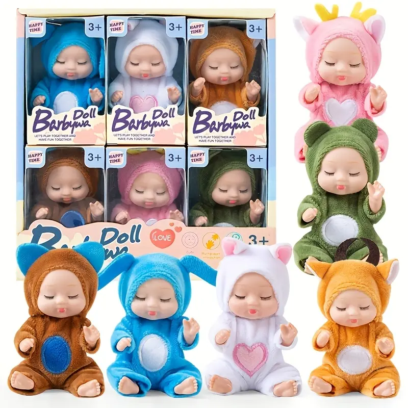 6pcs 4-Inch Mini Doll Toy Set Realistic Baby Dolls Handmade Animal Costumes Cute Little Doll Gift Set Suitable for Toddlers Girls Aged 3 and Up Perfect as Christmas Gifts, Birthday Presents, New Year's Gifts, Party Favors, and Other Holiday Gifts for Kids