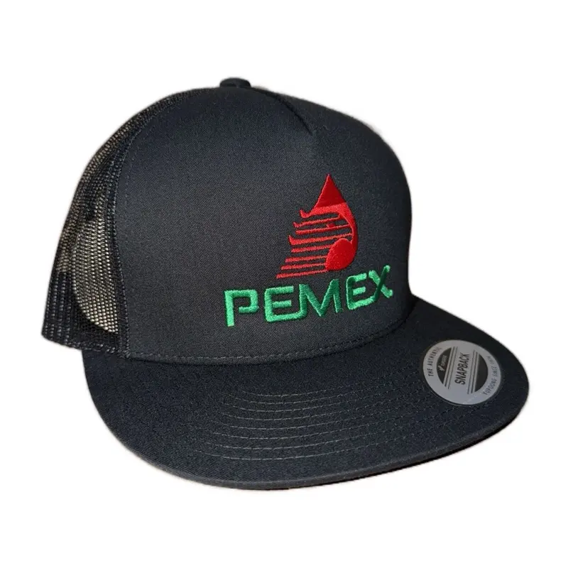 PEMEX Black Trucker Snapback Hat - Graphic Name Logo Black Print Mesh Light Cap, Casual Daily Wear Fashion Accessory for Snapback Hats Enthusiasts, Black Print Hats