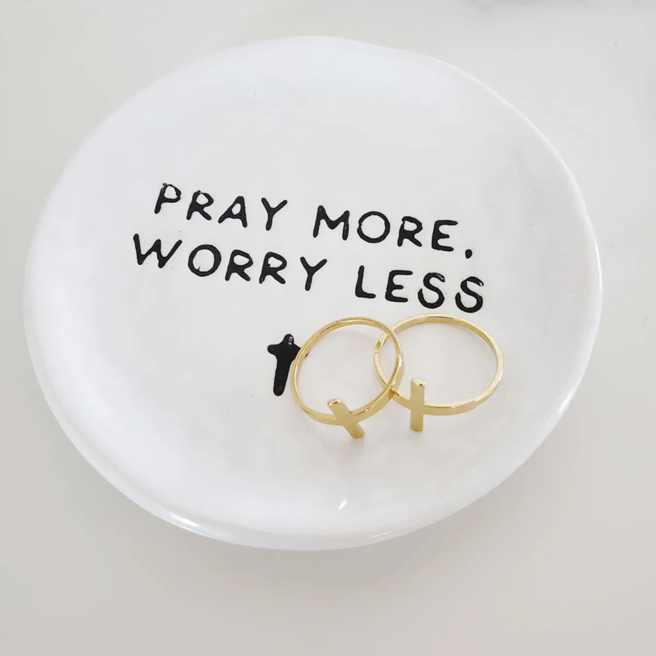 Pray More Worry Less Ceramic White Jewelry Holder