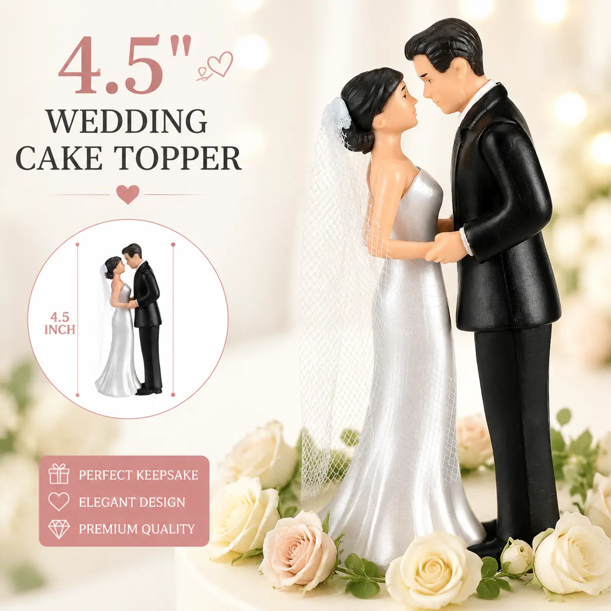4.5 Inch Vintage Elegant White Wedding Bride and Groom Cake Topper Figurine, Romantic Funny Couple Statue for Wedding, Engagement Cake Decor, Reception Dessert Table (Figurines, Statues & Bobbleheads Category)
