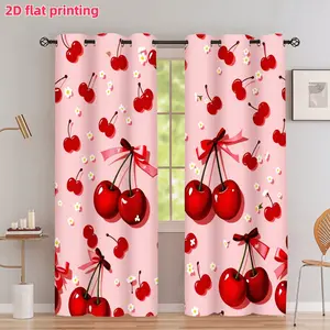 2D Flat 2Pcs Sweet Cherry and Daisy Flower Printed Curtain Panel, Cute Fruit Pattern with Red Ribbon Bow, Perforated Grommet Design, Semi Sunshade, Suitable for Living Room Bedroom Kitchen Home Decor, Window Accessory, Anti Privacy.