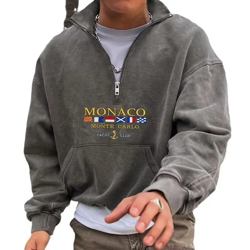 Men's Casual 1/4 Zip Sweatshirt, Long Sleeve Loose Fit Pullover with Monaco Yacht Club Graphic, 100% Polyester Top for Menswear, Longsleeves, Casual Wear, Flag Print, Quarter Zip, V-Neck