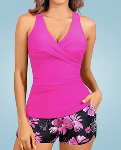 Women Black Tankini Swimsuits with Shorts - Two Piece Tummy Control Bathing Suits Top with Two Pockets Bottom Swimwear