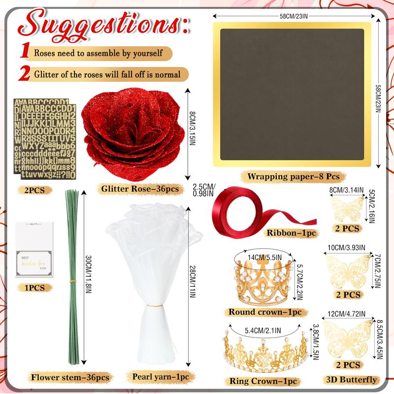 24/36 Pcs Valentine Gift Glitter Roses Bouquet Set DIY Fake Flowers Bouquet with 3D Butterflies Crowns Alphabet Stickers & Ribbons for Girlfriend Wife Mom Friend Women Gift Perfect for Valentine's Day Birthday Engagement Wedding Anniversaries Graduation