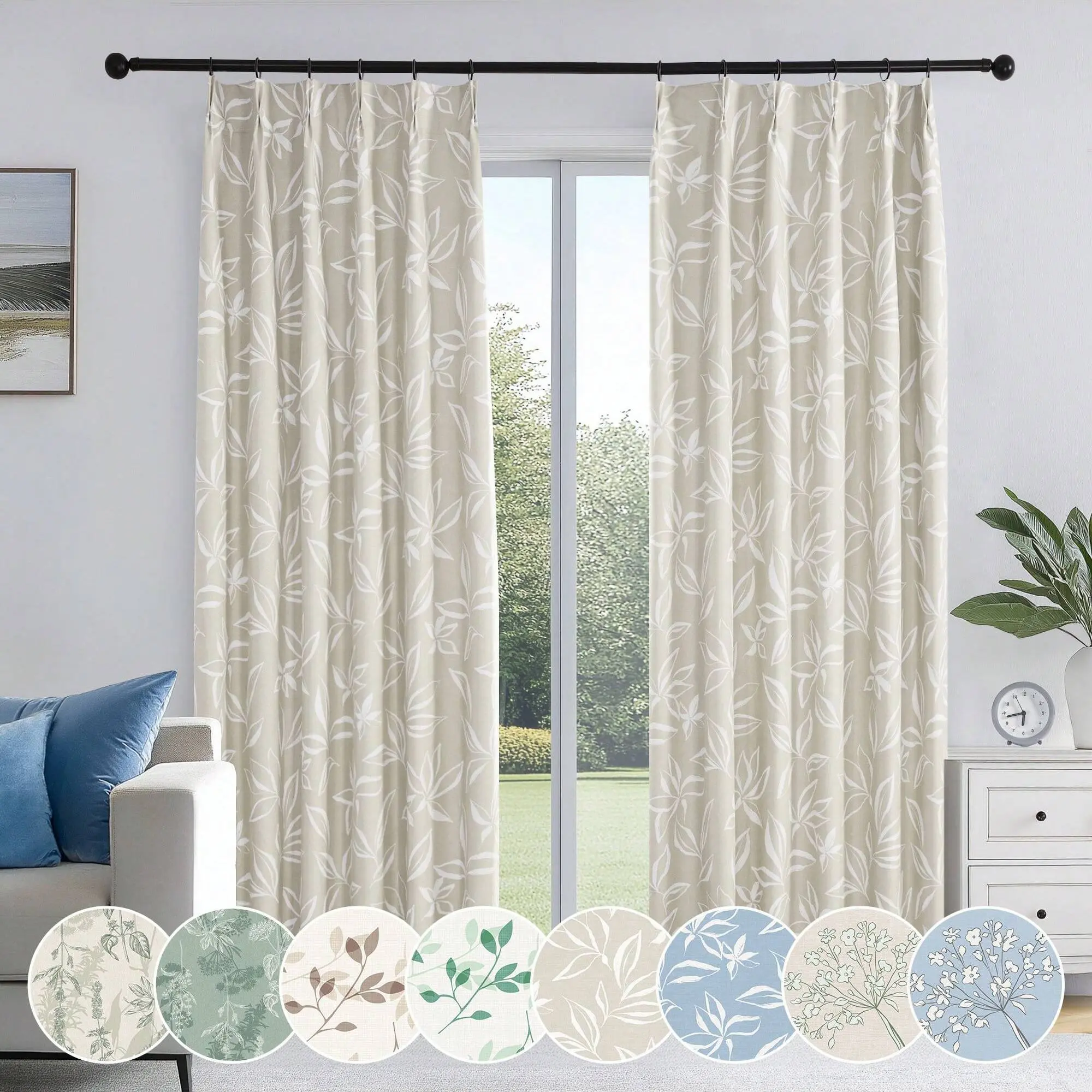 2 Piezas Cortinas Opacas al 100% - Estampado Floral de Poliéster con Aislamiento Térmico con 12 Anillos de Metal y 12 Ganchos, Tratamientos de Ventana con Pliegue Pinzado para Dormitorio/Sala de Estar