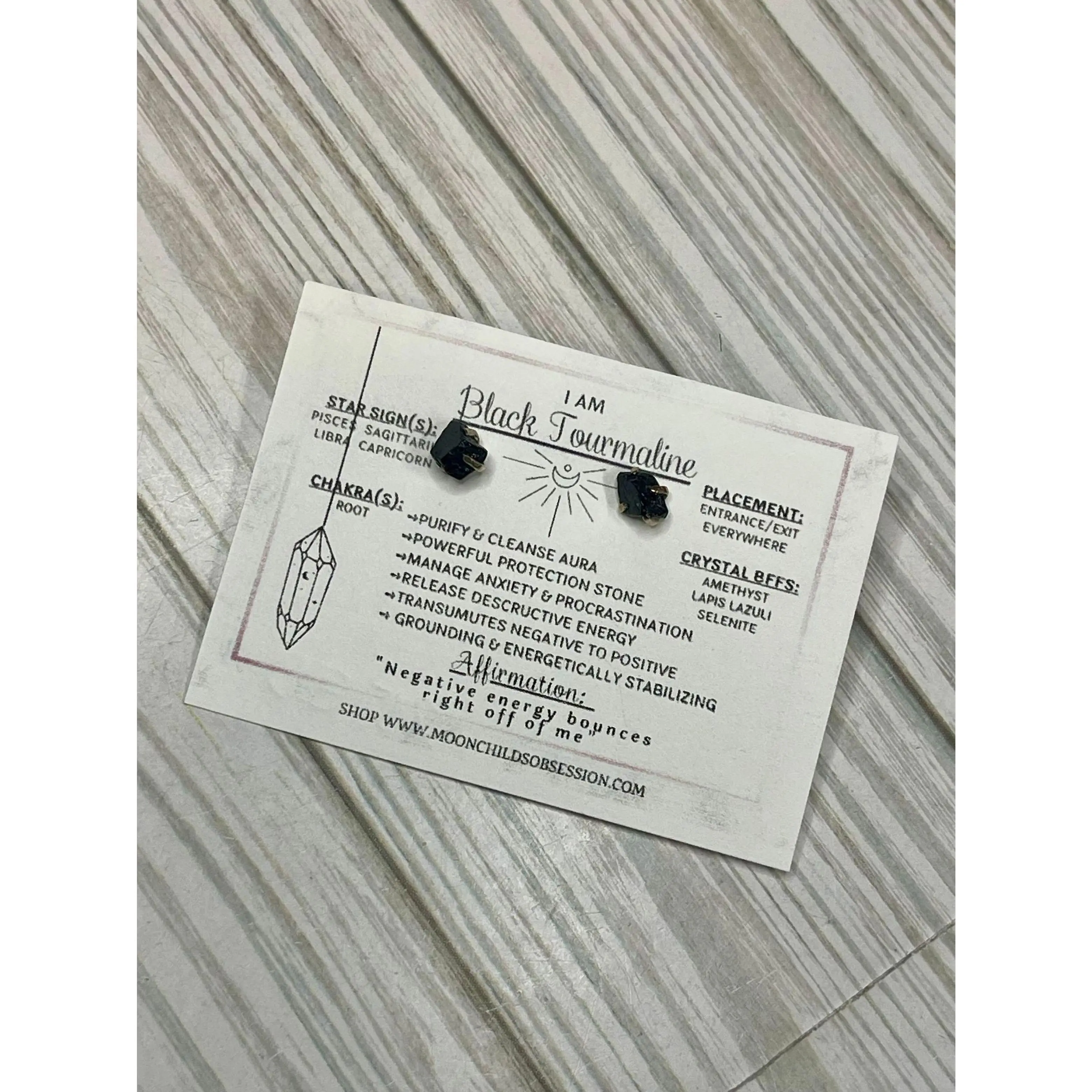 Natural Crystal Black Tourmaline Sterling Silver Stud Earrings, Grounding Detox Protection Jewelry for Sagittarius, Capricorn, Adults