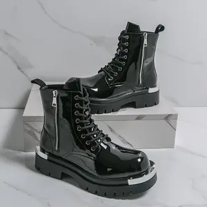 Men's High-Cut Leather Boots - Versatile Outdoor Combat & Casual Wear All-Terrain Hiking Travel & Casual Use Black Patent Leather Multi-Purpose Boots with Side Zipper