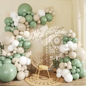 Sage Green White Balloon Garland Arch Kit,145pcs Green Sand White Balloons Different Sizes for Birthday Shower Gender Reveal Bridal Weddings Party Decoration