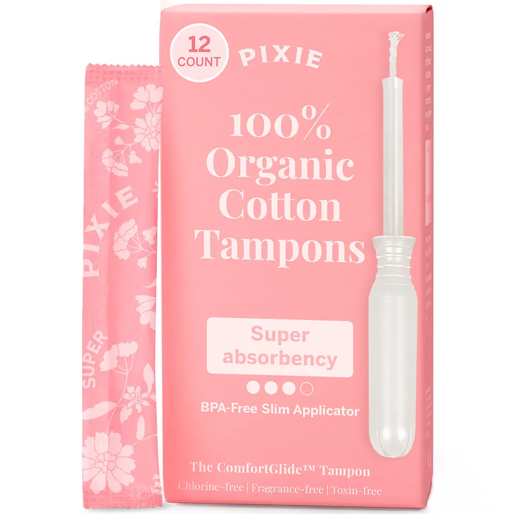 Pixie Organic Cotton Tampons – Super Absorbency – BPA-Free Long Applicator – Unscented, Chlorine-Free Feminine Care – 12 Count