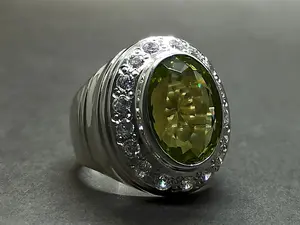 Oval Cut 13 Carat Pale Green Lab Peridot Sterling Silver 925 Handmade Mens Ring Gift for Him