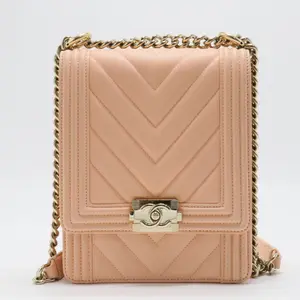 Pre-owned CHANEL leather Crossbody Bags Chevron Boy Satchel Coral Pink Calfskin