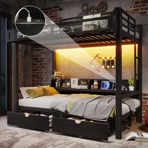 Eyisean Twin Over Twin Size Metal Bunk Bed, Space-Saving Beds with Storage Shelves & Drawers, Modern Bunk Beds with USB Ports & LED, Heavy Duty Lower Bed Frame Can be Converted into Sofa for Bedroom