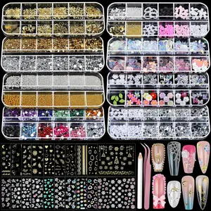 Nail Charms Nail Stickers for Nail Art Kit, 8 Boxes Nail Rhinestones Nail Gems Pearls for Nails with 20 Sheets Nail Art Stickers, 3D Gold Nail Charms and Gems Nail Supplies Nail Art Tools