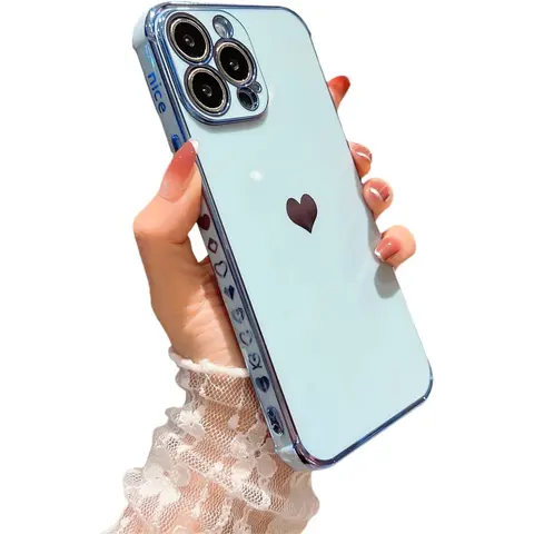 Women's Luxury Gold-Plated Smartphone Case with Cute Love Heart Side Pattern for iPhone 17 Air/17/16/15/14/13/12/11 Pro Max, Handheld Cellphone Cover with Camera Protection, Soft Silicone Shockproof Bumper for Devices with Buttons, Wireless, Casing