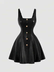 Black PU Front Metal Buckle Women Slip Dress Square Neck High Waist Flared Hem A Line Formal Evening Outfit for Halloween Christmas Prom Concert Rave Festival