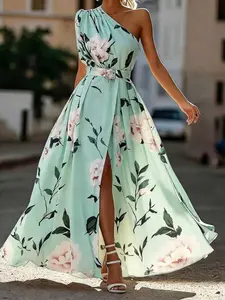 Plus Size Floral Print Dress, Off-Shoulder Long Summer Dress with Belt, Elegant Split Design, Perfect for Dates and Vacations