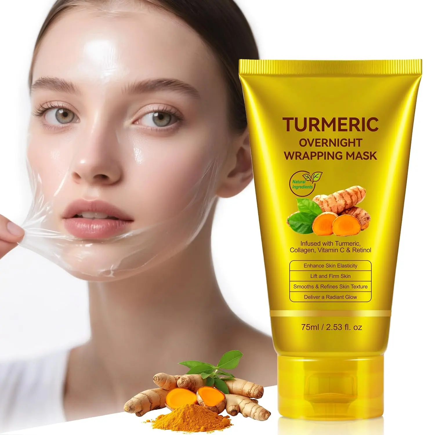 Overnight peel-off facial mask with turmeric, vitamin C, collagen, and retinol. Designed to leave skin feeling refreshed, smooth, hydrated, and glowing. Easy to apply as part of your nighttime skincare routine.