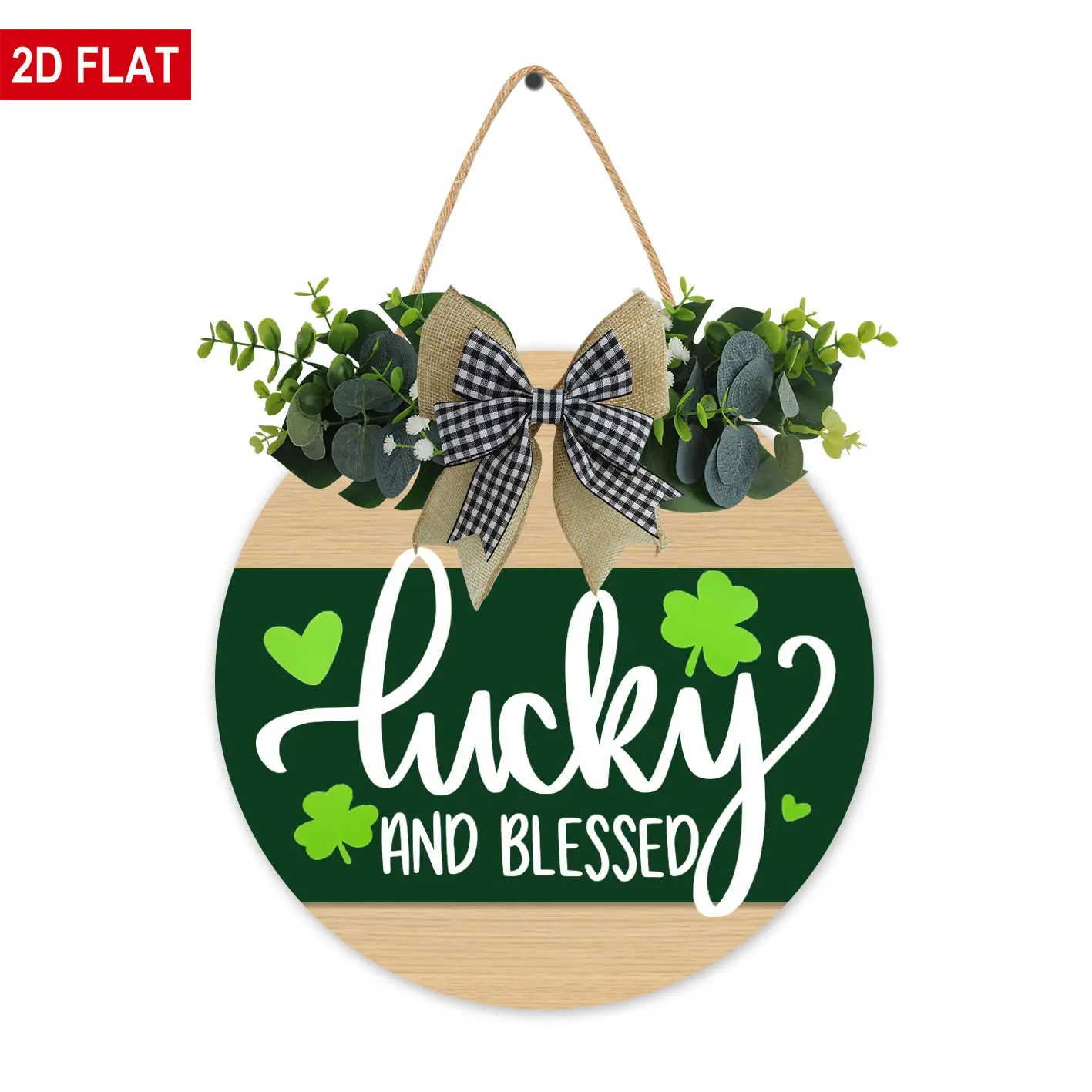 St Patrick's Day Wreaths for Front Door, Lucky and Blessed Wood Door Sign, Saint Patty's Day Door Wreath, Green Shamrock Spring Wooden Wreath Hanging Wall Decor Irish Welcome Sign