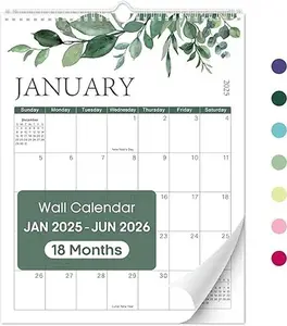 2025 Wall Calendar - 18 Months Aesthetic Calendar from January 2025 to June 2026, Monthly Calendar for Effortless Organization, Large 14.7" x 11.5" Hanging Calendar for Home or Office, Greenery Design