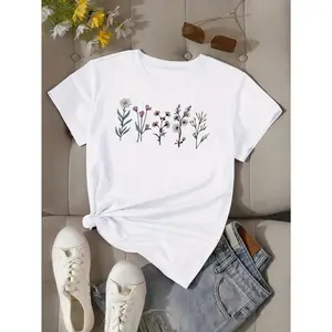 Women's Floral Print T-Shirt - 100% Cotton Crew Neck Short Sleeve Top with Watercolor Wildflowers, Relaxed Fit  Tee for Summer & Spring, Casual Casual Attire