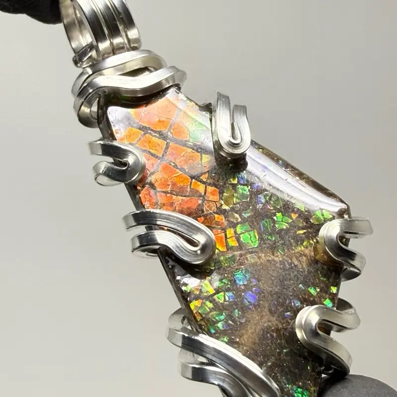 Rare Large Ammolite Sterling Silver Pendant Unique Artisan Crafted Design with Vibrant Multicolor Gemstone and Gold Wire Wrapping