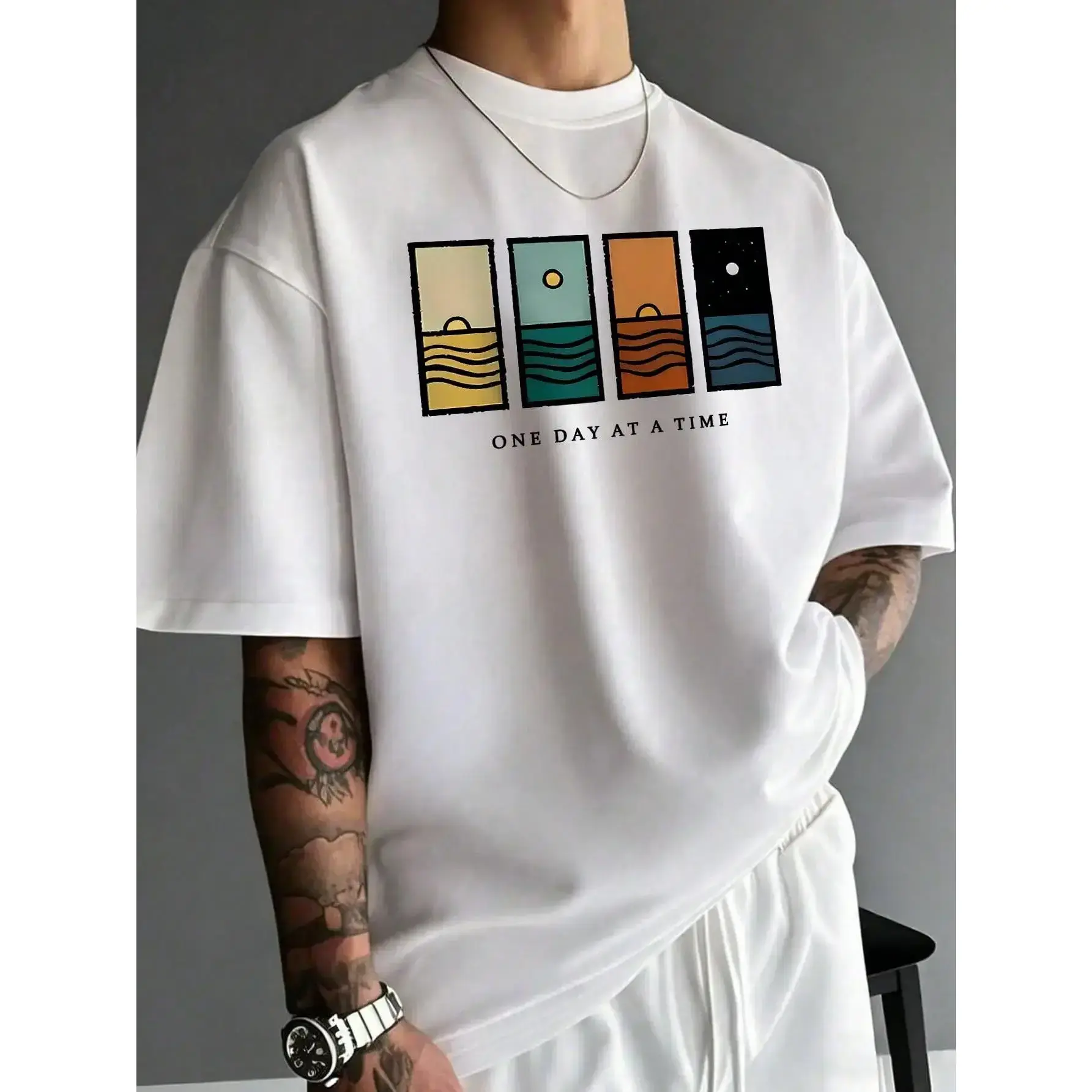 100% Cotton One Day At A Time Minimalist Ocean Sunrise Graphic T Shirt Unisex Crew Neck Short Sleeve Tee, Retro Nature Inspirational Simple Aesthetic Casual Positive Statement Top For Men Women Clothes Menswear