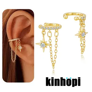 KINHOPI Gold Ear Cuff Non-Piercing Clip On Earrings for Women 14K Gold Plated Star Drop Chain Cartilage Earring Dainty Jewellery Gifts for Her