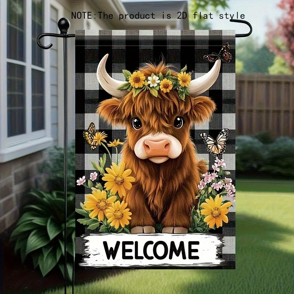 Highland Cow Welcome Garden Flag- Double-Sided Linen, Black and White Plaid, Featuring Sunflower, Butterfly, and Quirky Cow Patterns, Outdoor Lawn and Patio Decoration, Outdoor Decor| Optimistic Design| Durable Outdoor Flag, No Flagpole, 12x18Inch