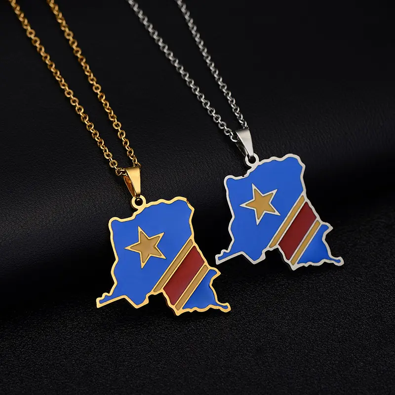 New African Congo Flag & Map Pendant Necklace | Ethnic Style | Hip-Hop Style | Fashion Accessories | Party Jewelry | Unisex | Vintage Style | Creative National Map & Flag Necklace | Premium Gift Pick |
