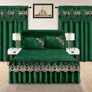Dark Green 5 Piece Deduct GF T Bedroom Set with Red Bedding and Matching Curtains for Cohesive Decor