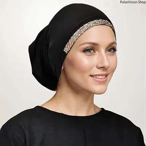Muslim Modern Rhinestone-Embellished Nylon Woven Hijab - Solid Black Elegant Scarf with Sparkling Accents for Prayers, Eid