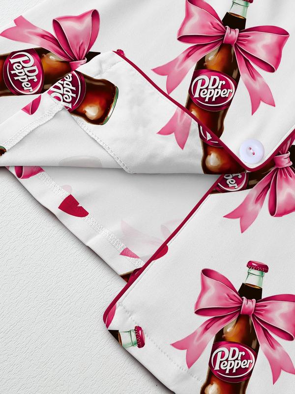Teen Dr Pepper Collar Short Sleeve Pajama Set, Comfortable Sleepwear, All-Season Loose Fit, Animal Pattern, Perfect Gift