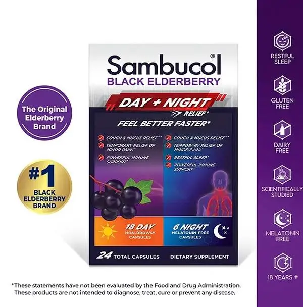 Sambucol Black Elderberry Day & Night Relief Capsules 24ct - Ivy Leaf, White Willow, and California Poppy for relief. Non GMO, Gluten Free, Dairy Free.