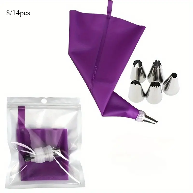 8/14pcs Purple Silicone Pastry Bags Tips Kitchen DIY Cake Icing Piping Stainless Nozzle Reusable Cream Decorating Mouth Tools