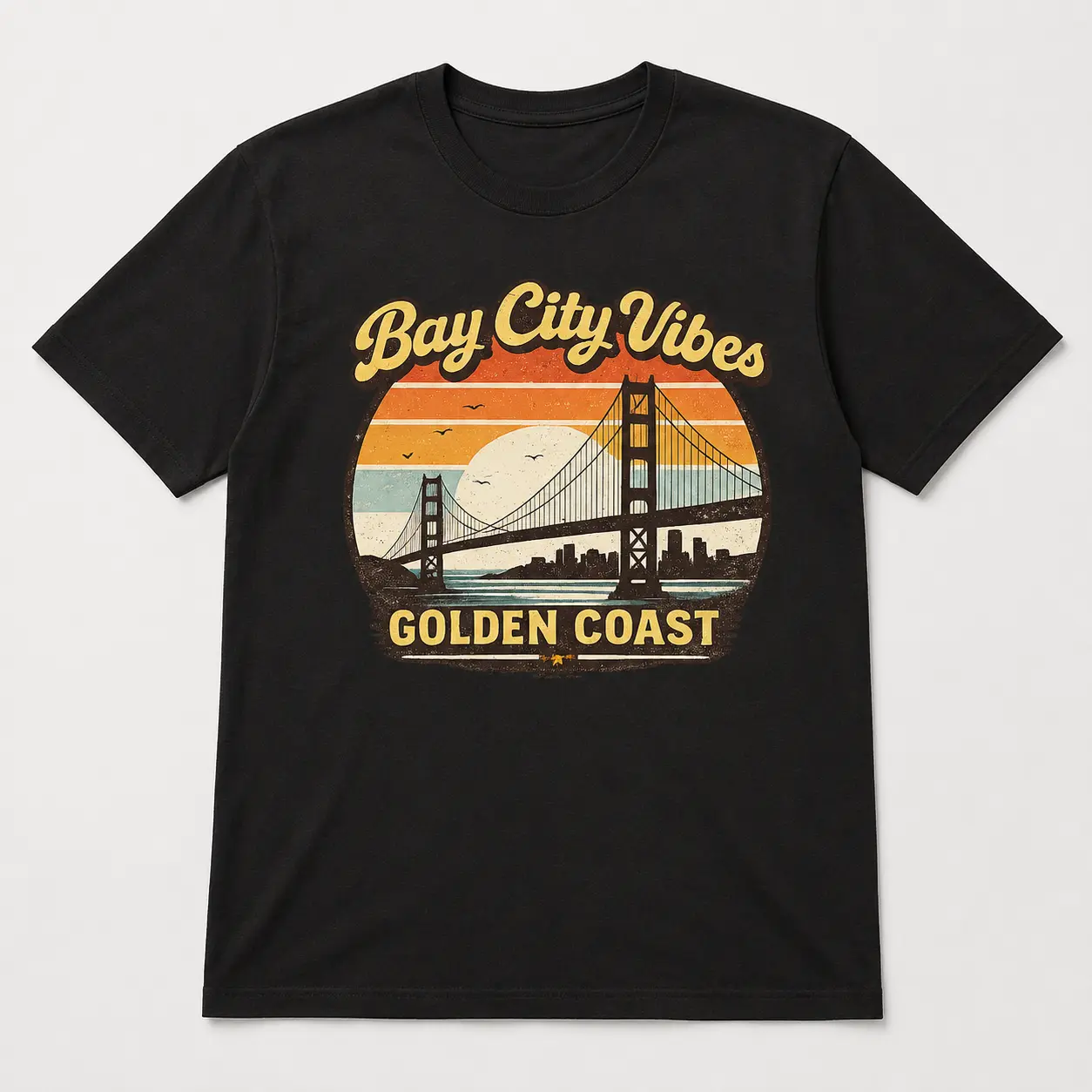 Bay City Vibes Graphic Tee – Vintage Golden Coast Bridge T-Shirt, Retro Travel Streetwear Shirt for Men