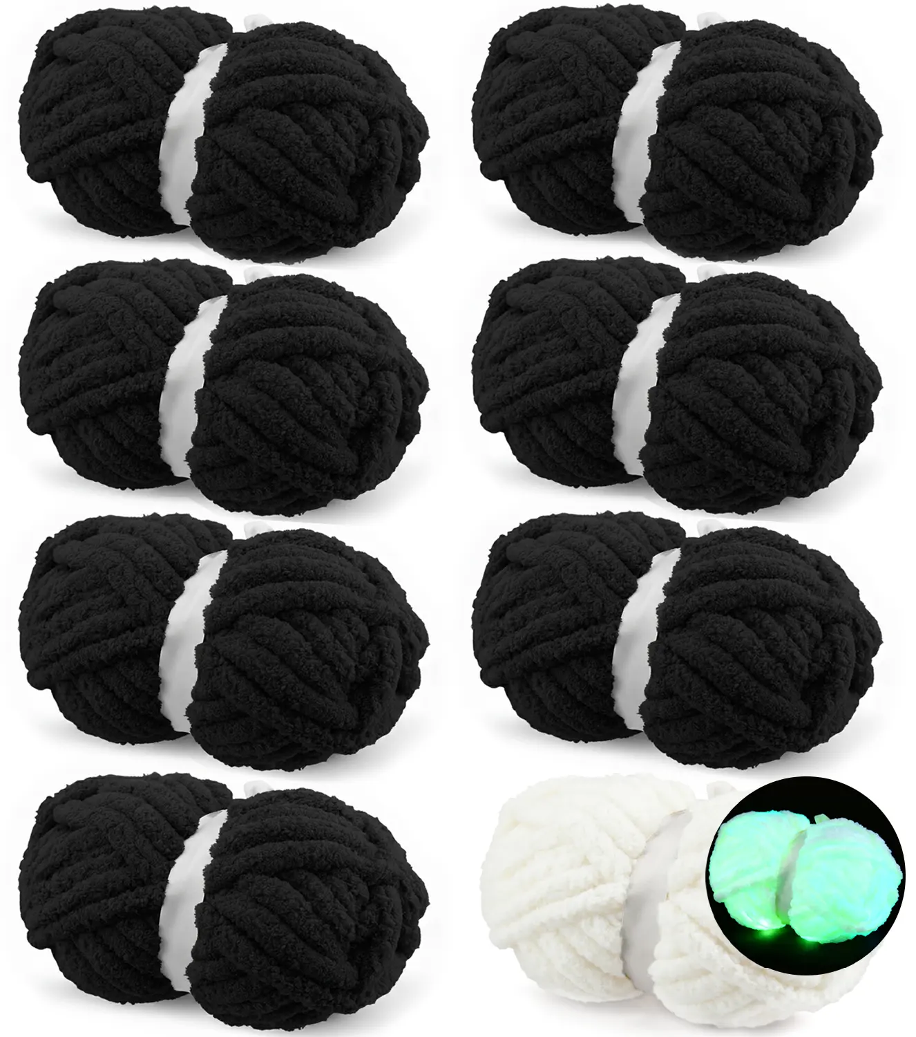 Chunky Chenille Yarn for Hand Knitting, Bulky Thick Fluffy Yarn for Crocheting, Soft Plush Blanket Scarf DIY Glow in The Dark Yarn, 8 Jumbo Pack (220 yds 64 oz), Black