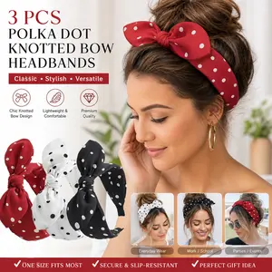 3 Pack Bow Headbands for Women – Wide Polka Dot Headband Rabbit Ear Hair Hoop, Cute Cloth Wrap Turban for Yoga Daily Workout, Fashion Hair Accessories for Teen Girls Ladies